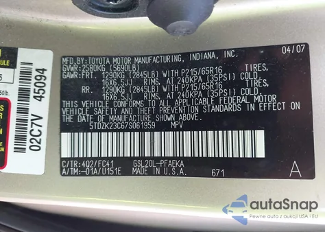 2007 Toyota Sienna Le из США, поврежденный, VIN 5TDZK23C67S061959